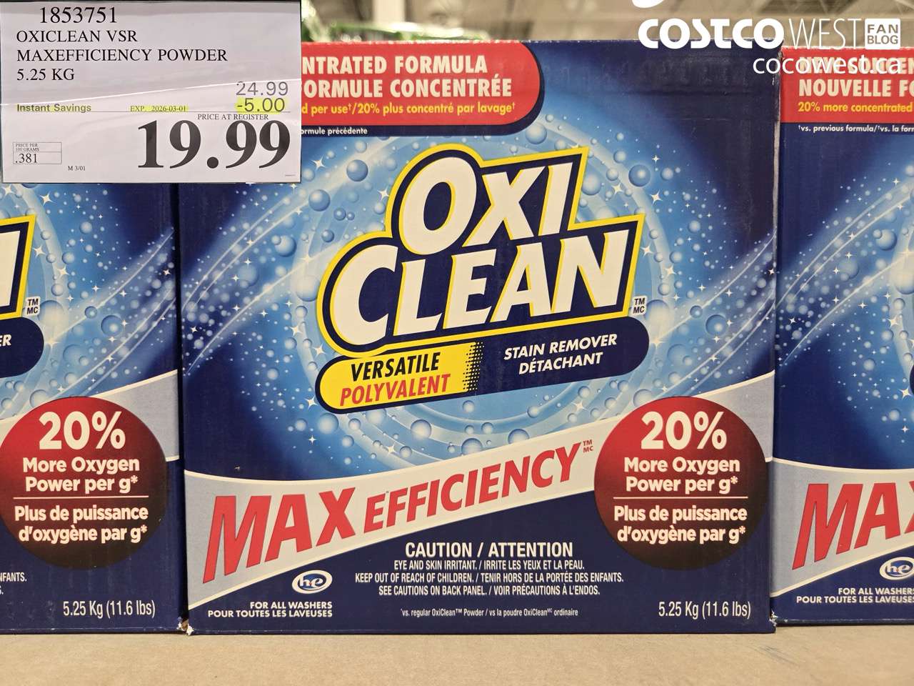 1853751 OXICLEAN VSR MAXEFFICIENCY POWDER 5.25 KG ($5.00 INSTANT SAVINGS EXPIRES ON 2026-03-01) $19.99