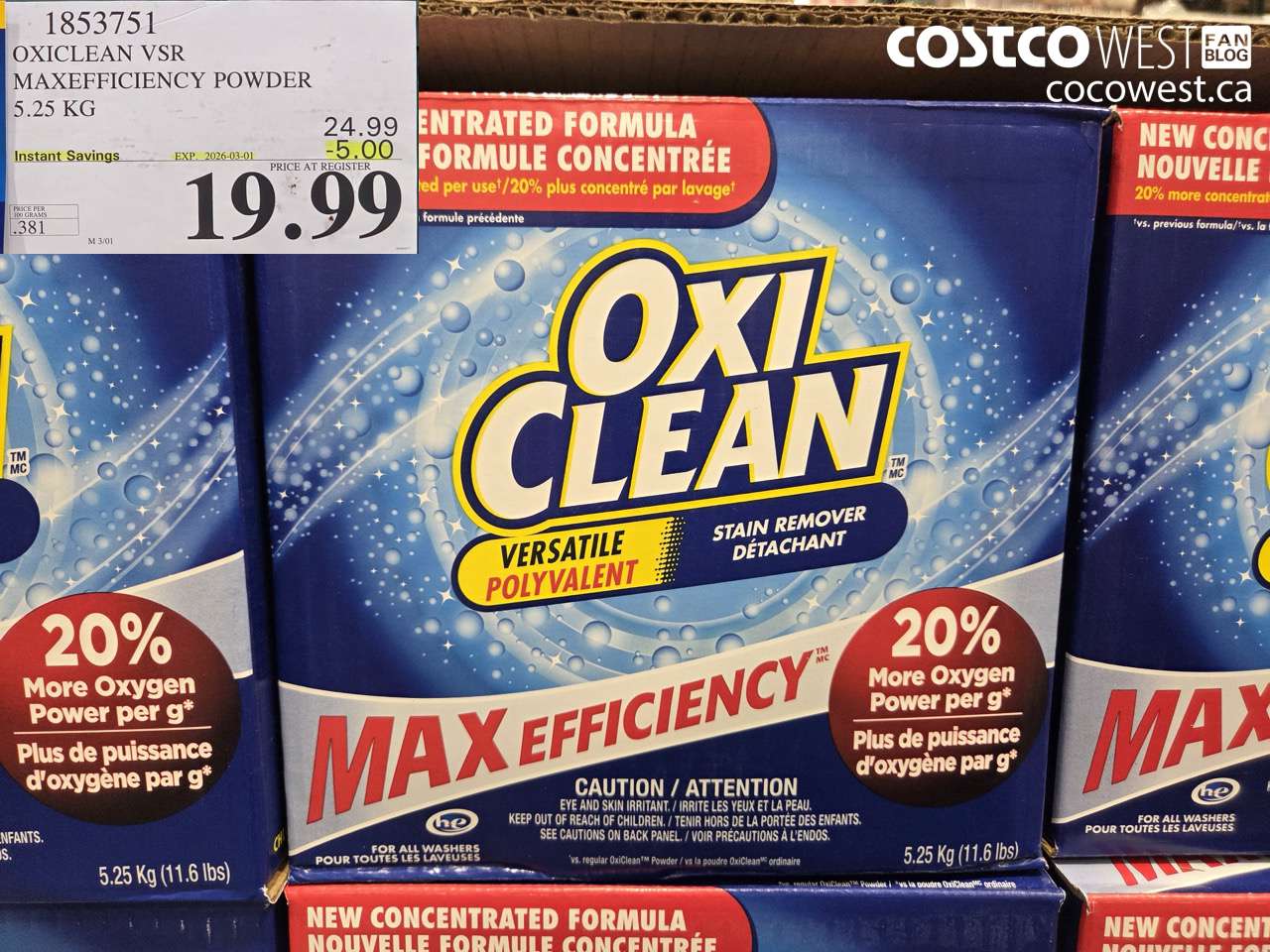 1853751 OXICLEAN VSR MAXEFFICIENCY POWDER 5.25 KG ($5.00 INSTANT SAVINGS EXPIRES ON 2026-03-01) $19.99