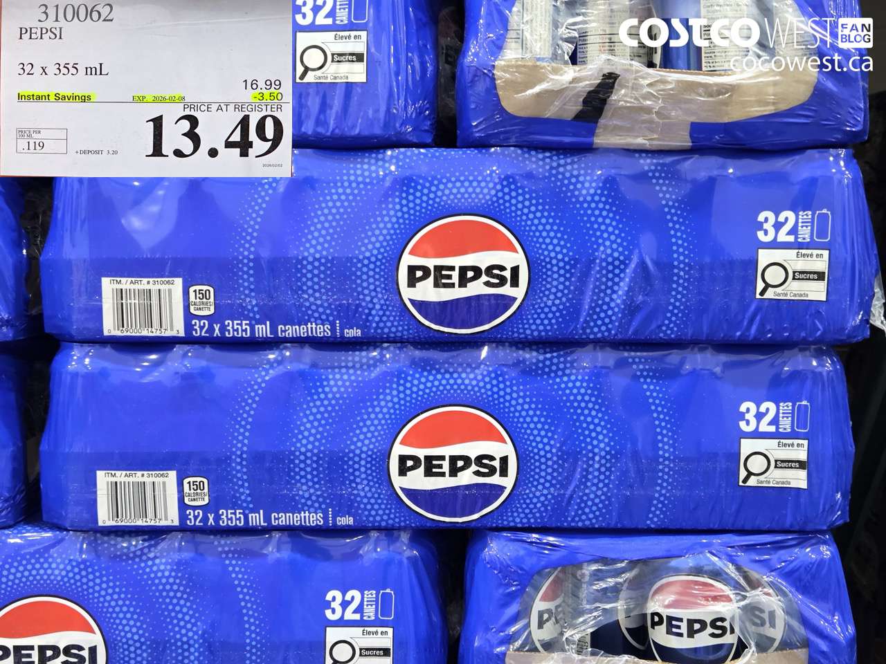 310062 PEPSI 32 X 355 ML ($3.50 INSTANT SAVINGS EXPIRES ON 2026-02-08) $13.49