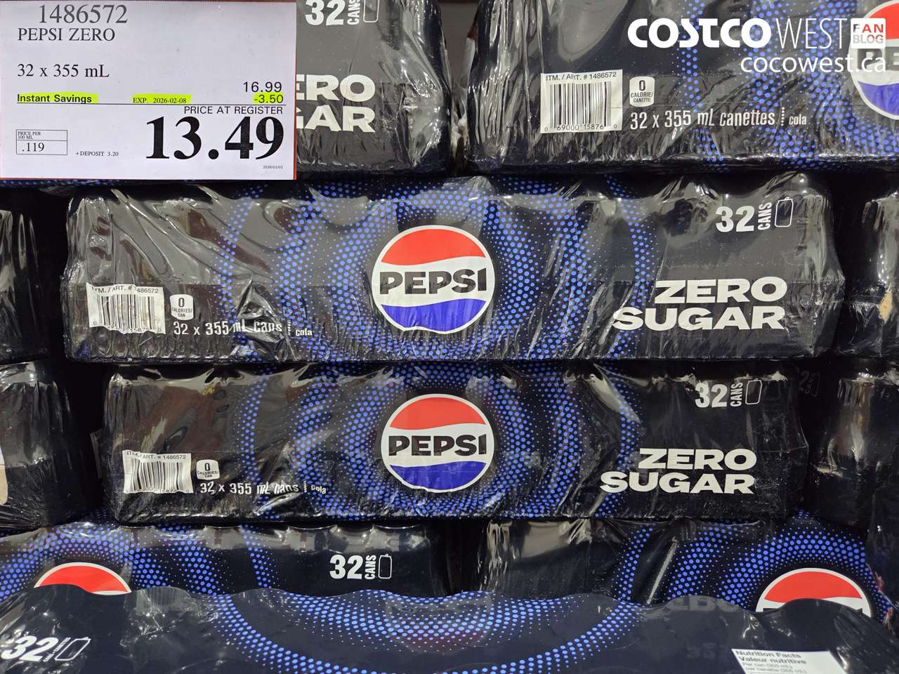1486572 PEPSI ZERO 32 x 355 mL ($3.50 INSTANT SAVINGS EXPIRES ON 2026-02-08) $13.49