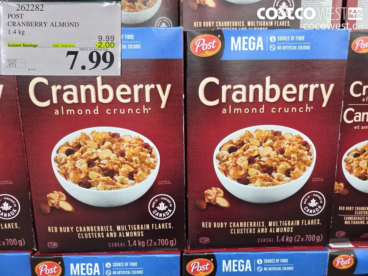 262282 POST CRANBERRY ALMOND 1.4 kg ($2.00 INSTANT SAVINGS EXPIRES ON 2026-03-01) $7.99