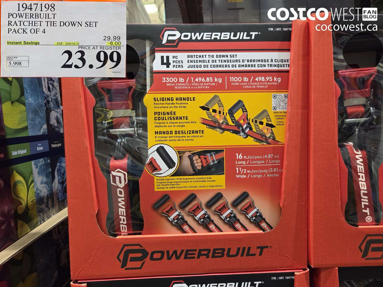 1947198 POWERBUILT RATCHET TIE DOWN SET PACK OF 4 ($6.00 INSTANT SAVINGS EXPIRES ON 2026-02-22) $23.99