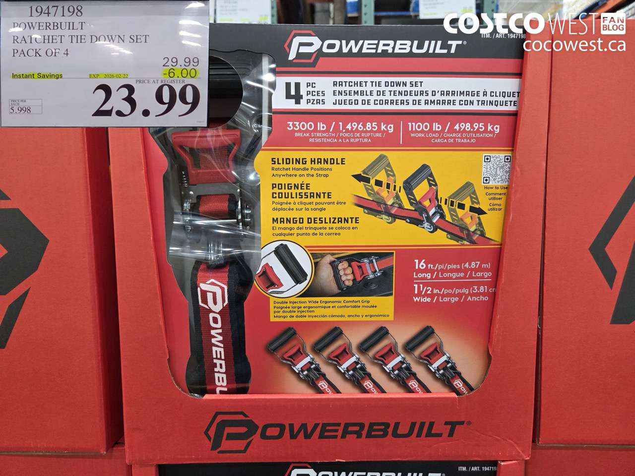 1947198 POWERBUILT RATCHET TIE DOWN SET PACK OF 4 ($6.00 INSTANT SAVINGS EXPIRES ON 2026-02-22) $23.99