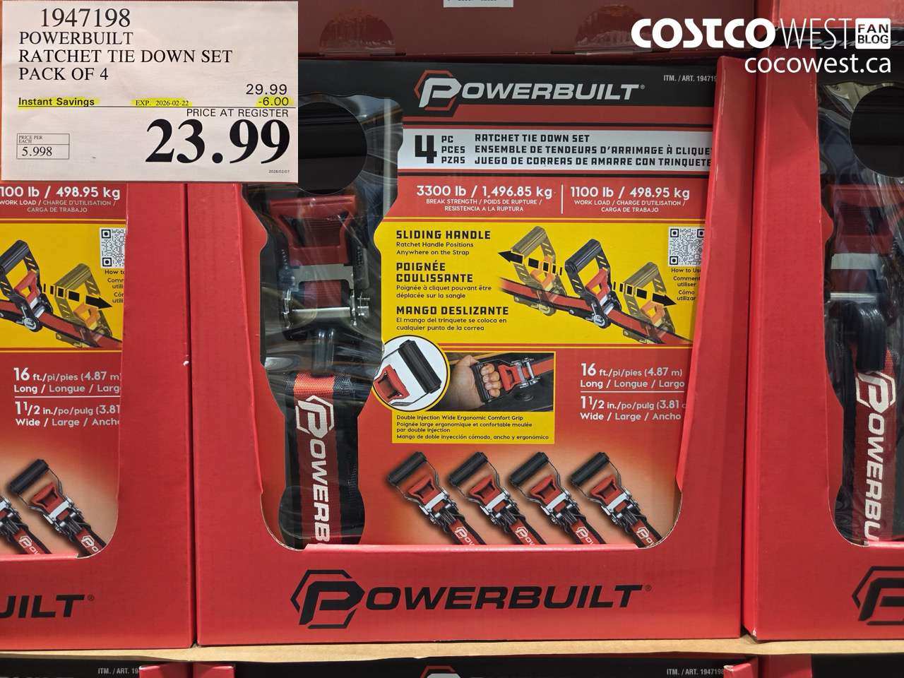 1947198 POWERBUILT RATCHET TIE DOWN SET PACK OF 4 ($6.00 INSTANT SAVINGS EXPIRES ON 2026-02-22) $23.99