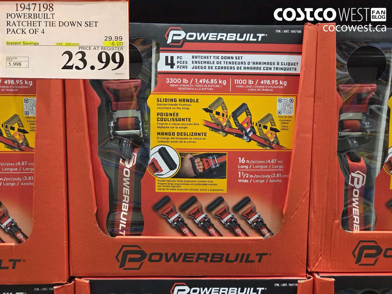 1947198 POWERBUILT RATCHET TIE DOWN SET PACK OF 4 ($6.00 INSTANT SAVINGS EXPIRES ON 2026-03-01) $23.99