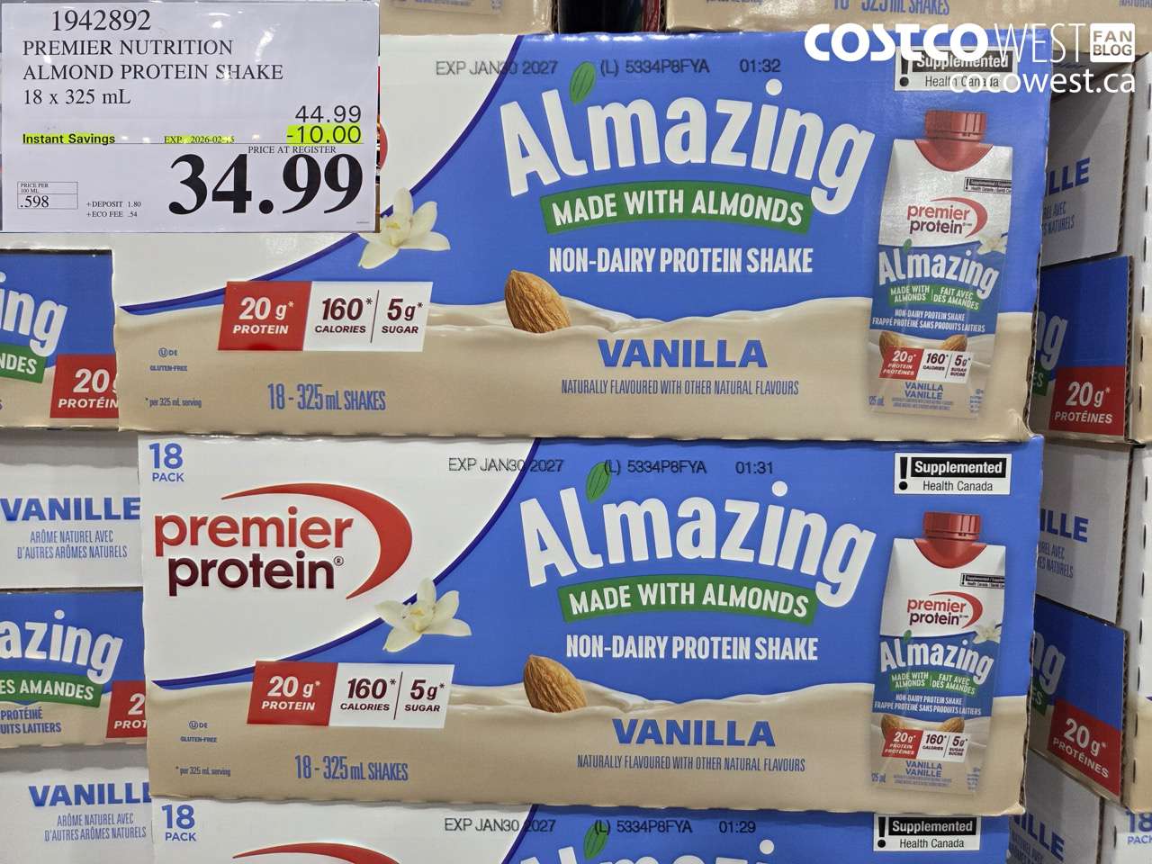 1942892 PREMIER NUTRITION ALMOND PROTEIN SHAKE 18 X 325ML ($10.00 INSTANT SAVINGS EXPIRES ON 2026-02-15) $34.99