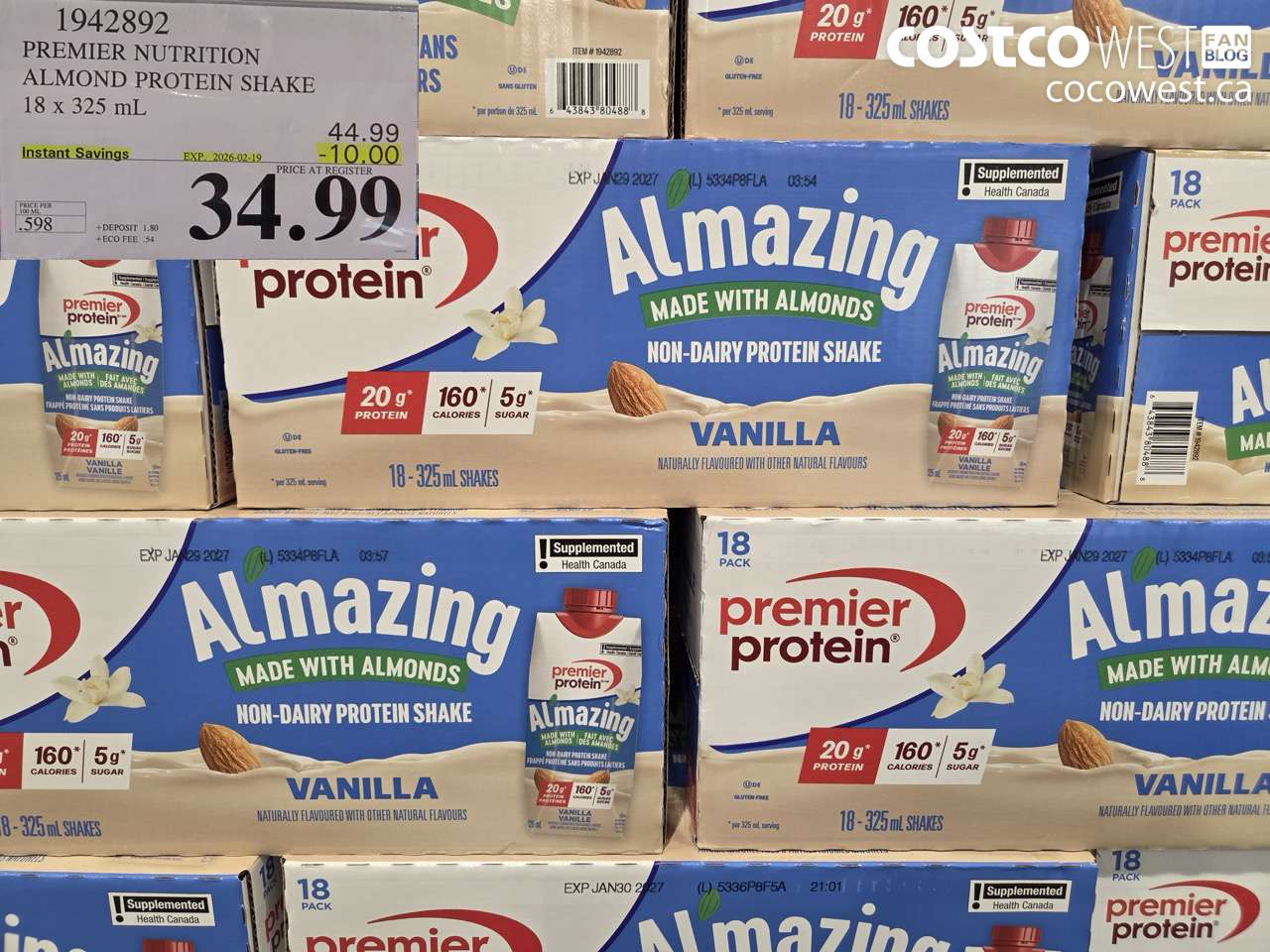 1942892 PREMIER NUTRITION ALMOND PROTEIN SHAKE 18 x 325 ml ($10.00 INSTANT SAVINGS EXPIRES ON 2026-02-19) $34.99