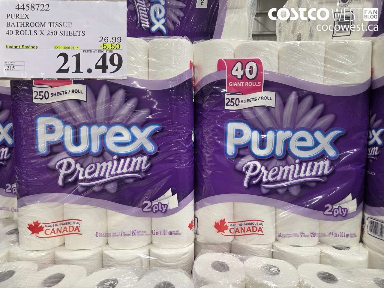 4458722 PUREX BATHROOM TISSUE 40 ROLLS X 250 SHEETS ($5.50 INSTANT SAVINGS EXPIRES ON 2026-03-15) $21.49