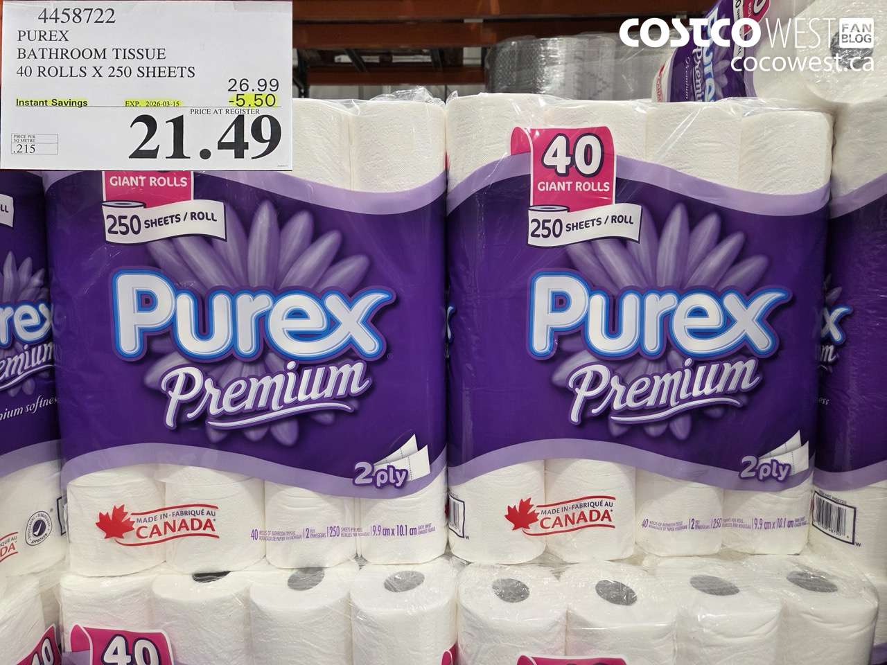 4458722 PUREX BATHROOM TISSUE 40 ROLLS X 250 SHEETS ($5.50 INSTANT SAVINGS EXPIRES ON 2026-03-15) $21.49