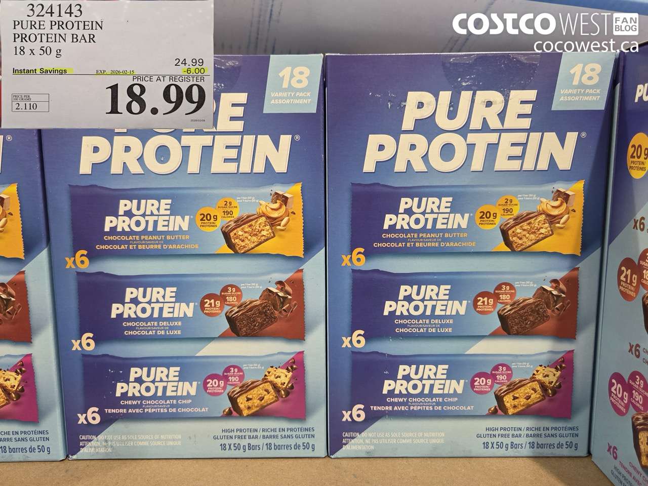 324143 PURE PROTEIN PROTEIN BAR 18 x 50 g ($6.00 INSTANT SAVINGS EXPIRES ON 2026-02-15) $18.99