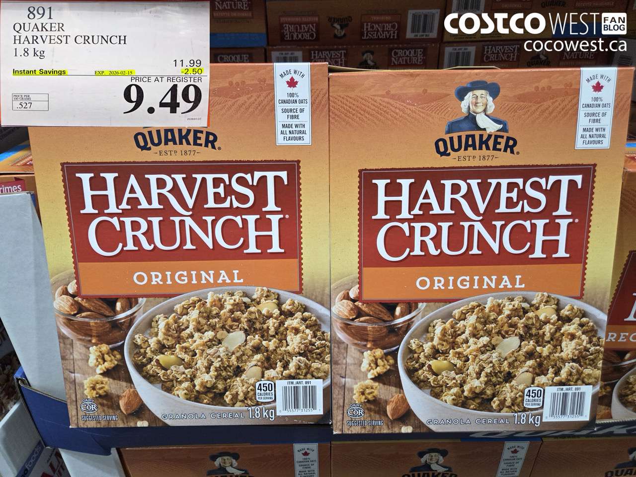 891 QUAKER HARVEST CRUNCH 1.8 kg ($2.50 INSTANT SAVINGS EXPIRES ON 2026-02-15) $9.49