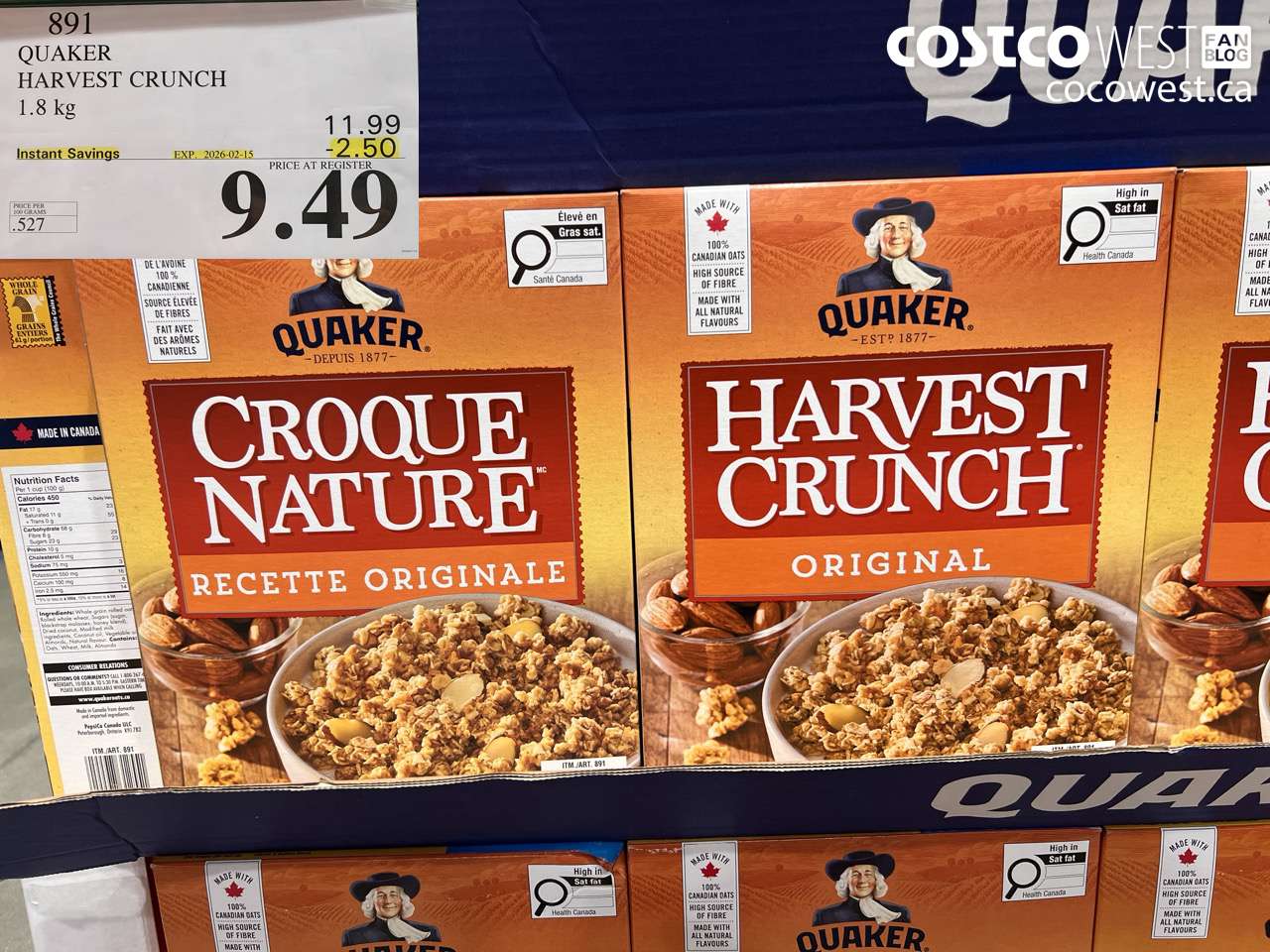 891 QUAKER HARVEST CRUNCH 1.8 kg ($2.50 INSTANT SAVINGS EXPIRES ON 2026-02-15) $9.49