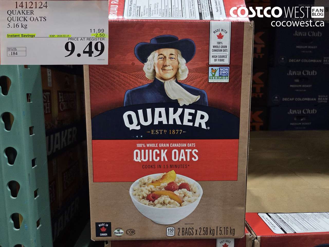 1412124 QUAKER QUICK OATS 5.16 kg ($2.50 INSTANT SAVINGS EXPIRES ON 2026-02-15) $9.49