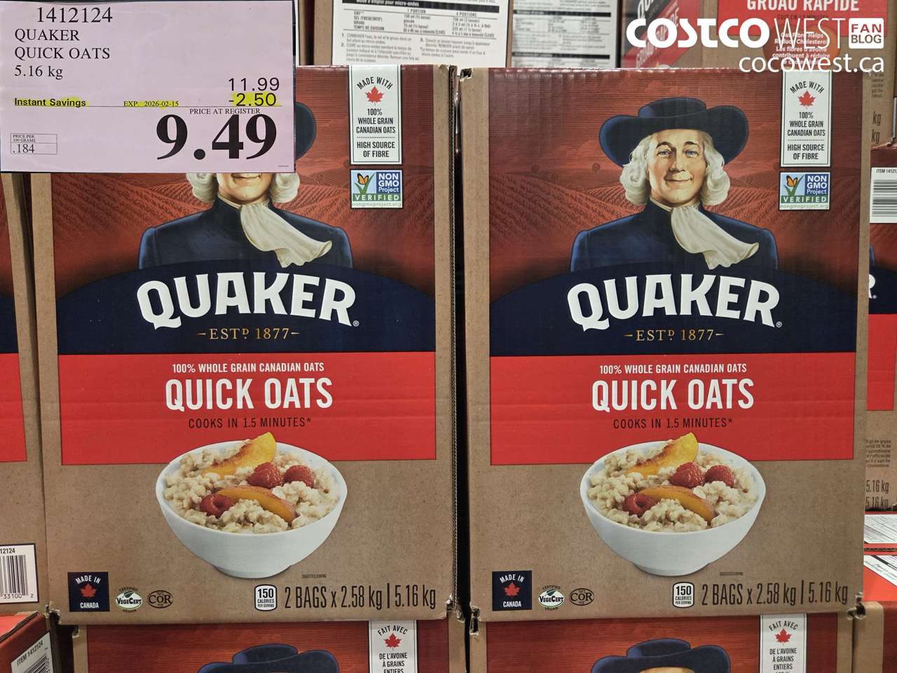 1412124 QUAKER QUICK OATS 5.16 kg ($2.50 INSTANT SAVINGS EXPIRES ON 2026-02-15) $9.49