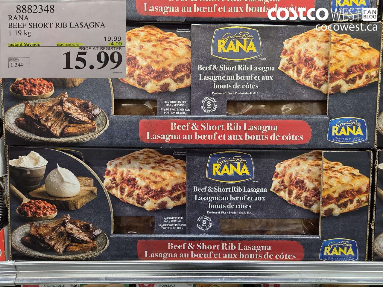 8882348 RANA BEEF SHORT RIB LASAGNA 1.19 KG ($4.00 INSTANT SAVINGS EXPIRES ON 2026-03-01) $15.99
