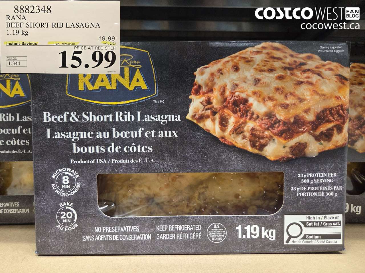 8882348 RANA BEEF SHORT RIB LASAGNA 1.19 kg ($4.00 INSTANT SAVINGS EXPIRES ON 2026-03-01) $15.99