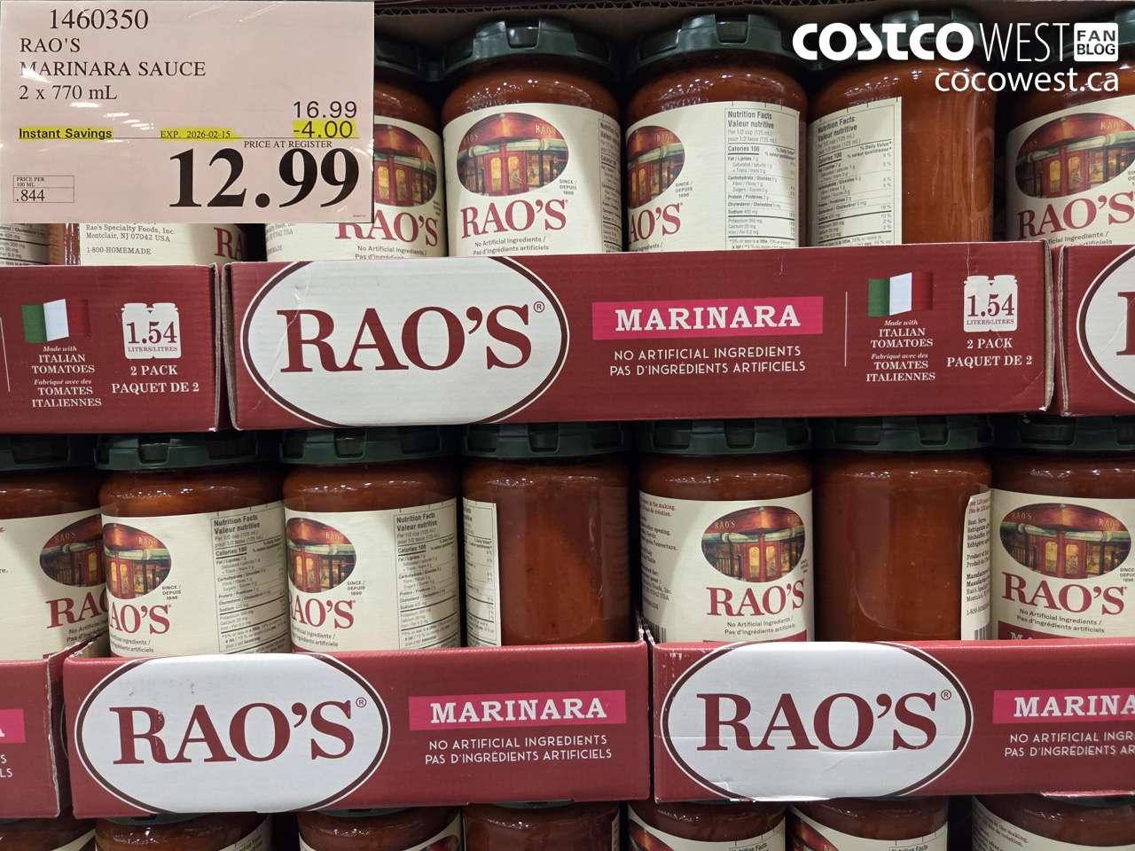 1460350 RAO'S MARINARA SAUCE 2 x 770 mL ($4.00 INSTANT SAVINGS EXPIRES ON 2026-02-15) $12.99