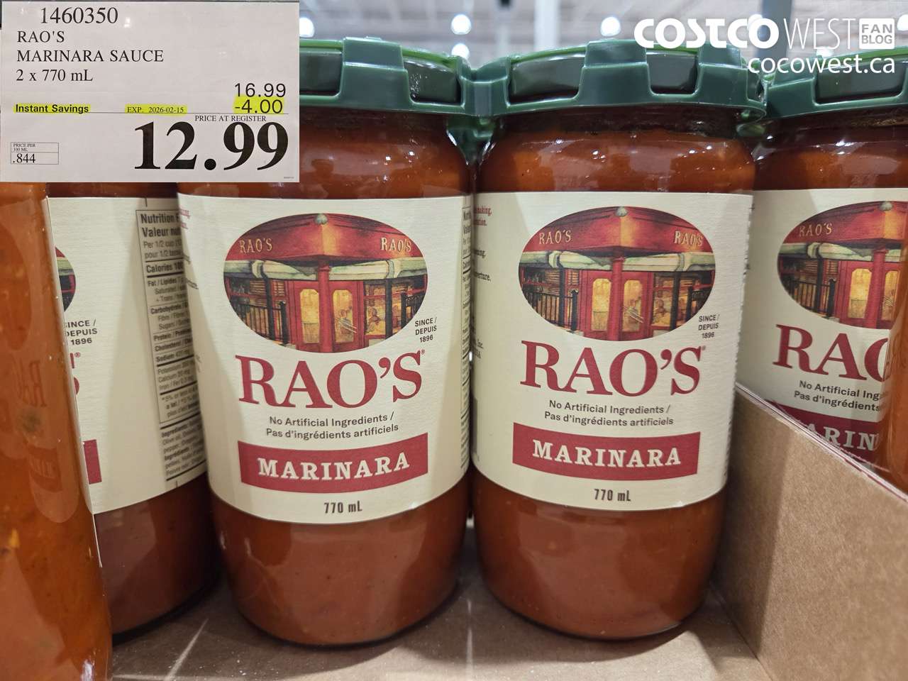 1460350 RAO'S MARINARA SAUCE 2 x 770 mL ($4.00 INSTANT SAVINGS EXPIRES ON 2026-02-15) $12.99