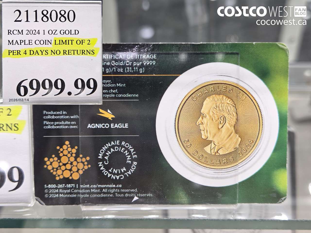 2118080 RCM 2024 1 OZ GOLD MAPLE COIN LIMIT OF 2 PER 4 DAYS NO RETURNS $6999.99