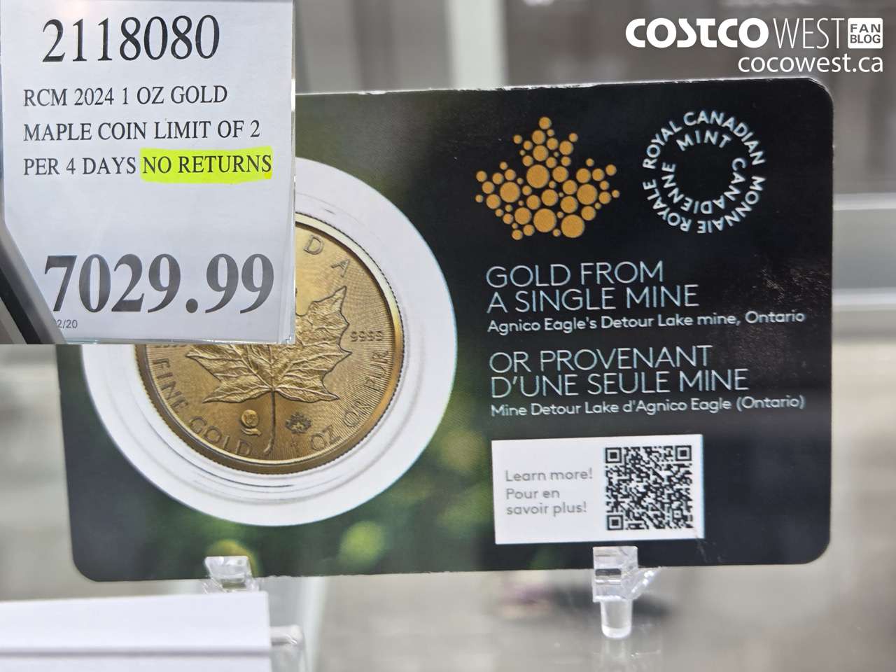 2118080 RCM 2024 1 OZ GOLD MAPLE COIN LIMIT OF 2 PER 4 DAYS NO RETURNS $7029.99