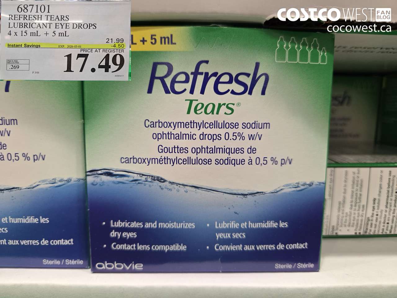 687101 REFRESH TEARS LUBRICANT EYE DROPS 4 X 15 ML + 5 ML ($4.50 INSTANT SAVINGS EXPIRES ON 2026-03-01) $17.49
