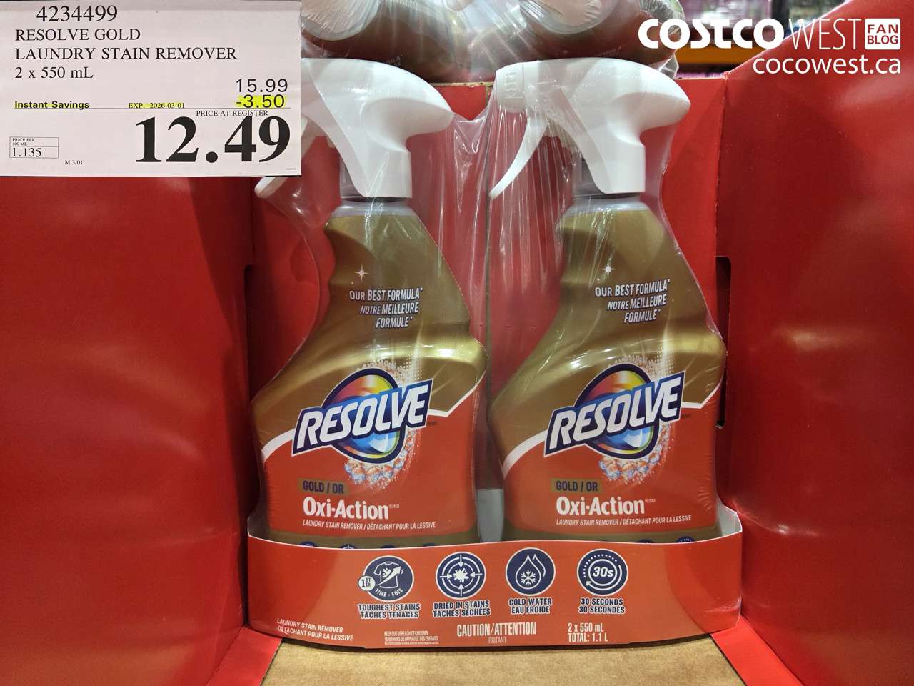 4234499 RESOLVE GOLD LAUNDRY STAIN REMOVER 2 X 550 ML ($3.50 INSTANT SAVINGS EXPIRES ON 2026-03-01) $12.49