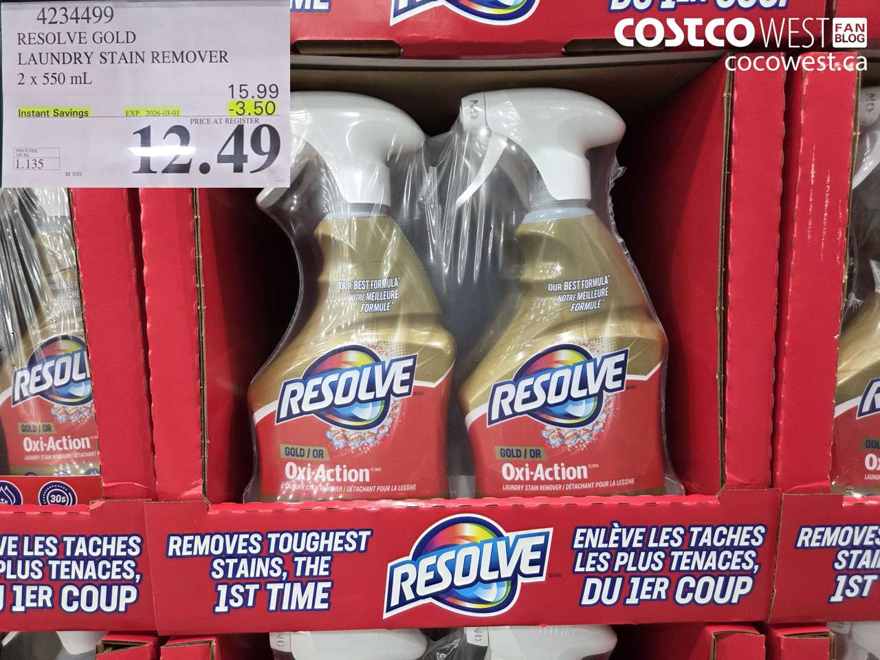 4234499 RESOLVE GOLD LAUNDRY STAIN REMOVER 2 x 550 mL ($3.50 INSTANT SAVINGS EXPIRES ON 2026-03-01) $12.49