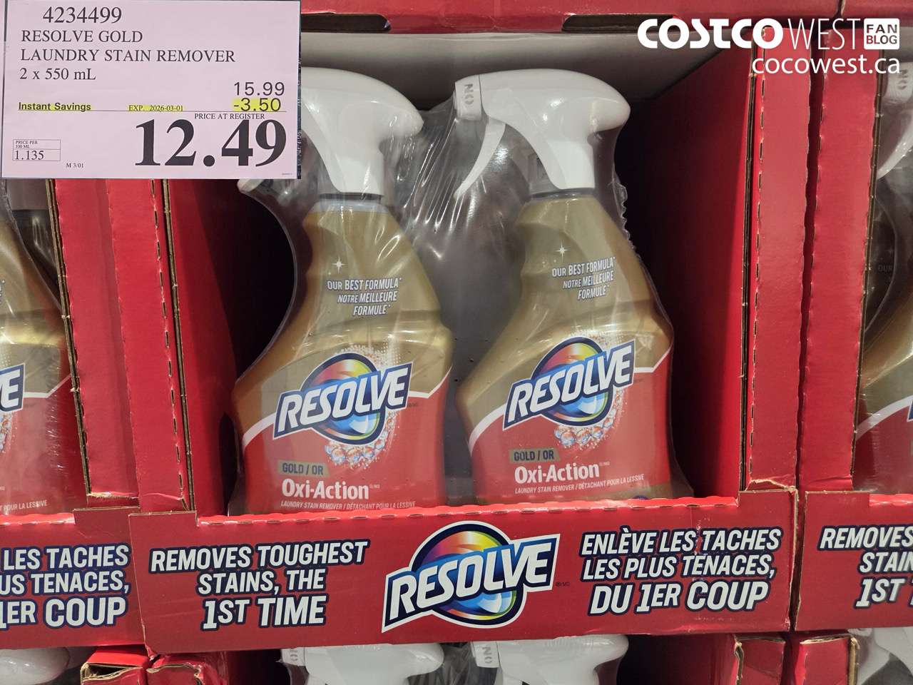 4234499 RESOLVE GOLD LAUNDRY STAIN REMOVER 2 x 550 ml ($3.50 INSTANT SAVINGS EXPIRES ON 2026-03-01) $12.49