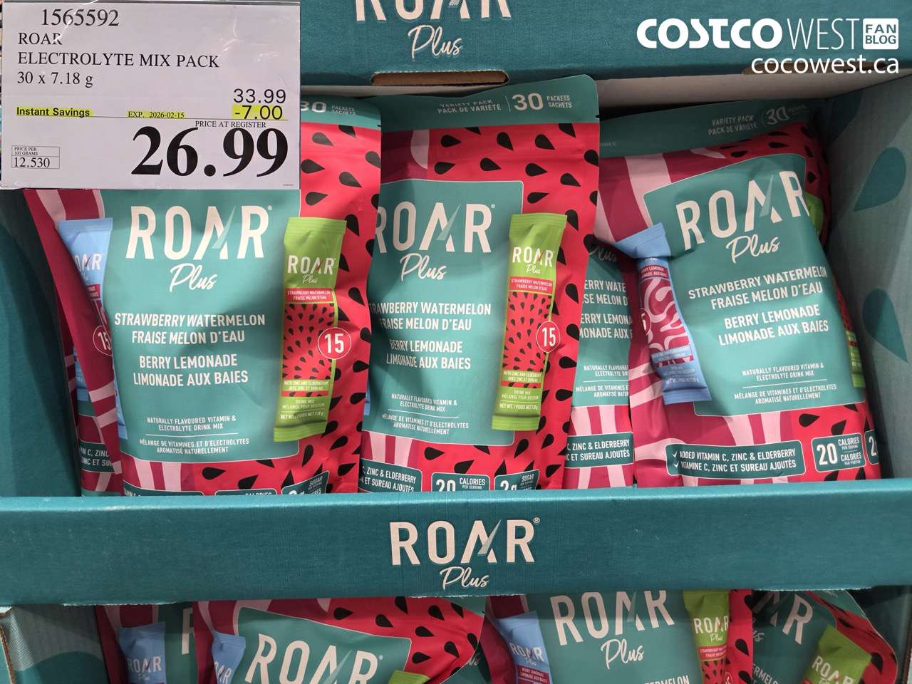 1565592 ROAR ELECTROLYTE MIX PACK 30 x 7.18 g ($7.00 INSTANT SAVINGS EXPIRES ON 2026-02-15) $26.99