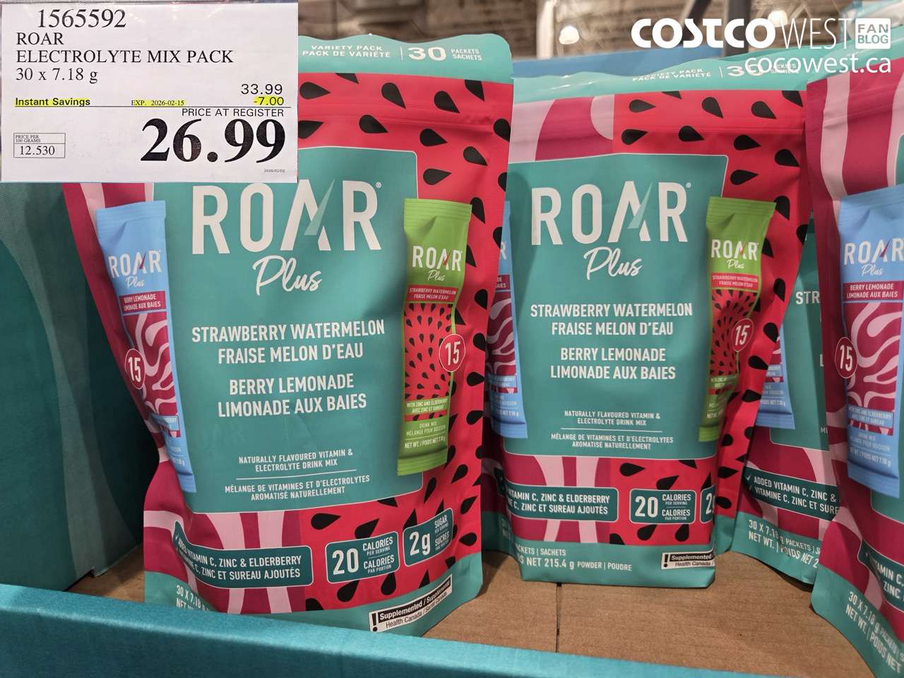 1565592 ROAR ELECTROLYTE MIX PACK 30 x 7.18 g ($7.00 INSTANT SAVINGS EXPIRES ON 2026-02-15) $26.99