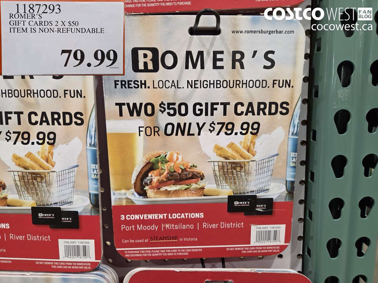 1187293 ROMER'S GIFT CARDS 2 X $50 ITEM IS NON-REFUNDABLE $79.99