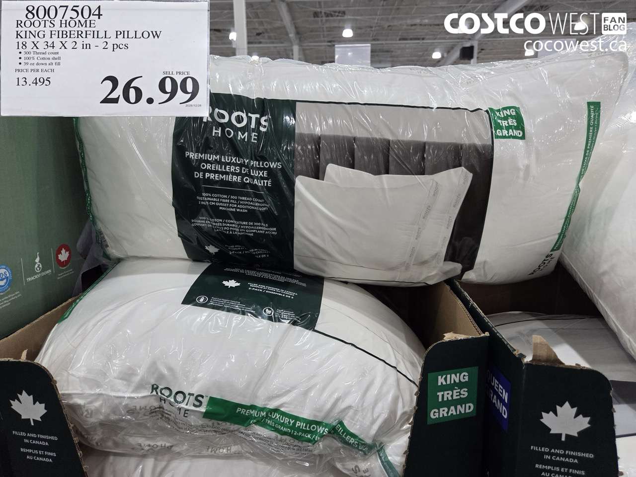 8007504 ROOTS HOME KING FIBERFILL PILLOW 18 X 34 X 2 IN - 2PC $26.99