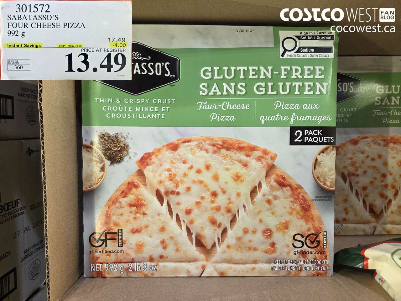 301572 SABATASSO'S FOUR CHEESE PIZZA 992 G ($4.00 INSTANT SAVINGS EXPIRES ON 2026-03-08) $13.49