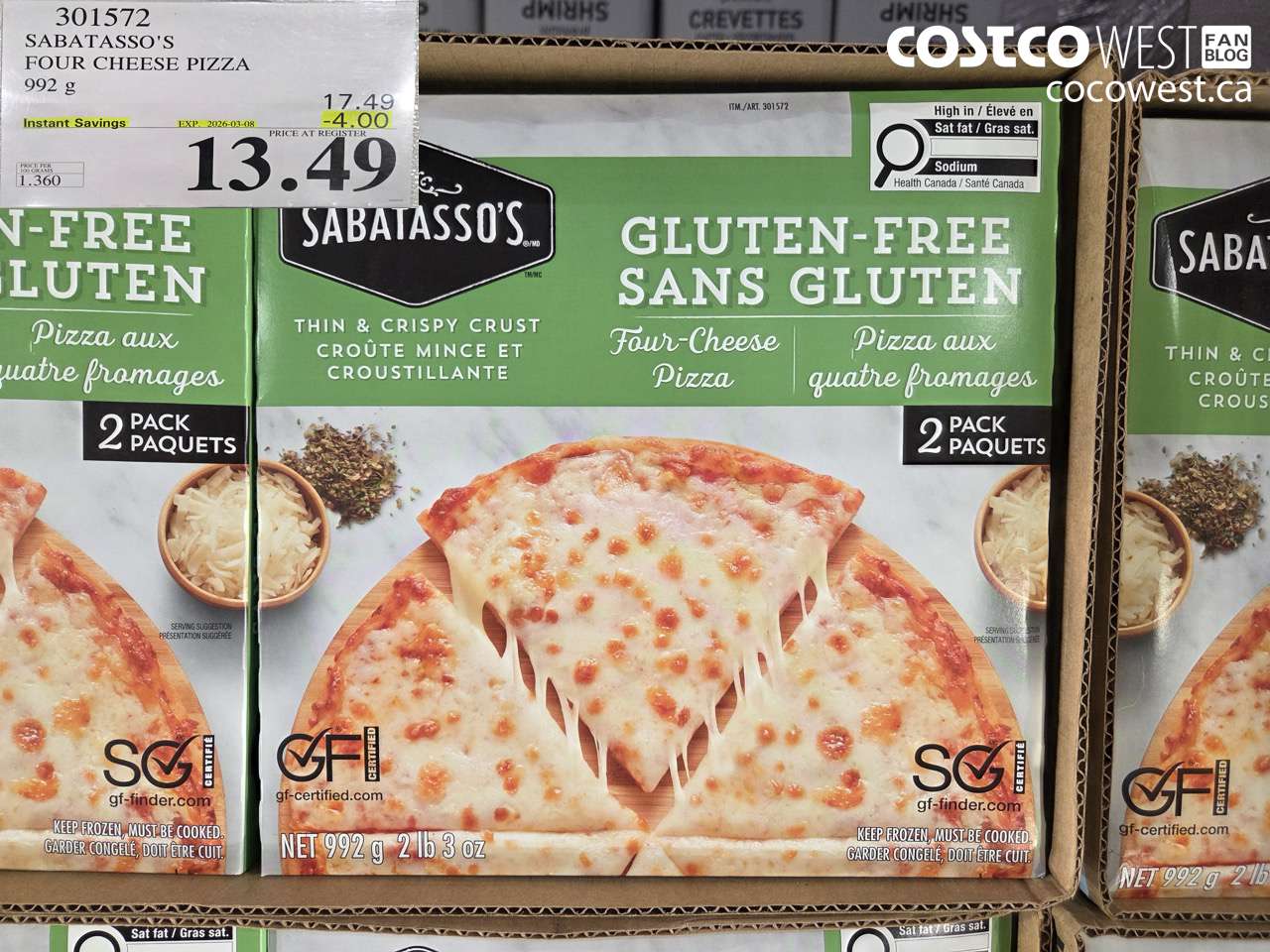 301572 SABATASSO'S FOUR CHEESE PIZZA 992 g ($4.00 INSTANT SAVINGS EXPIRES ON 2026-03-08) $13.49