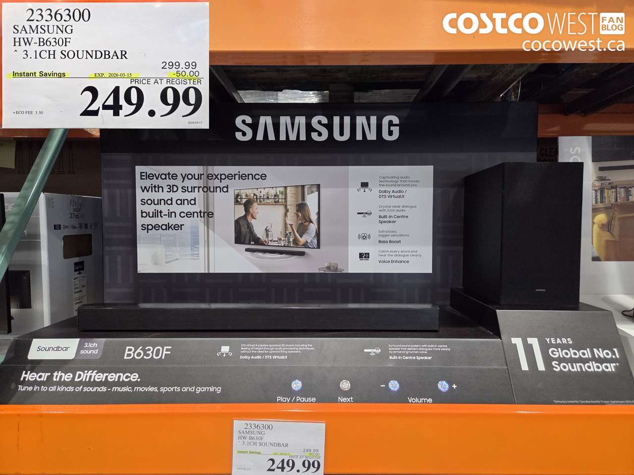 2336300 SAMSUNG HW-B630F 3.1CH SOUNDBAR ($50.00 INSTANT SAVINGS EXPIRES ON 2026-03-15) $249.99