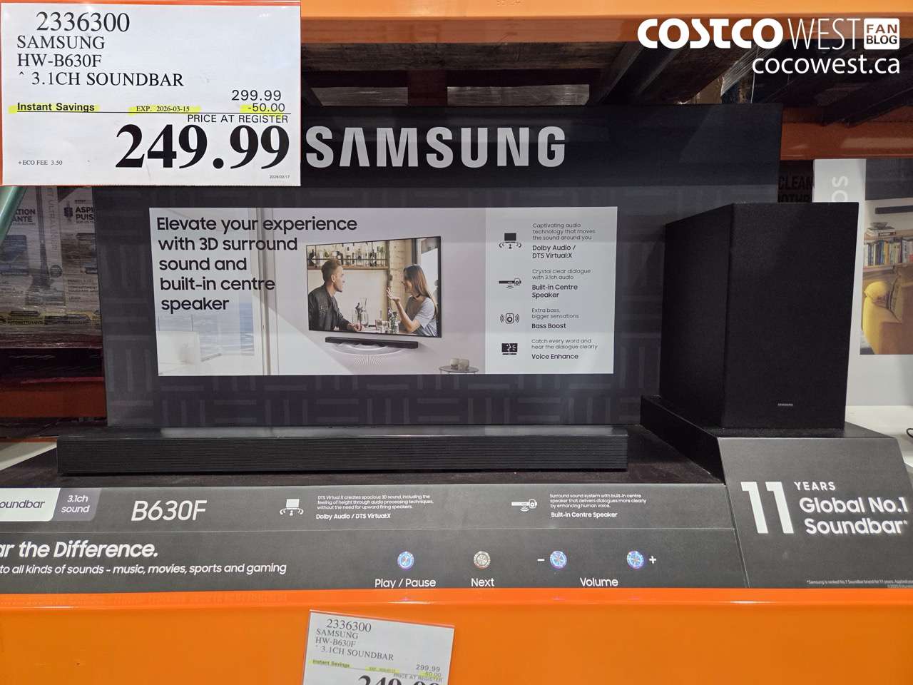 2336300 SAMSUNG HW-B630F 3.1CH SOUNDBAR ($50.00 INSTANT SAVINGS EXPIRES ON 2026-03-15) $249.99