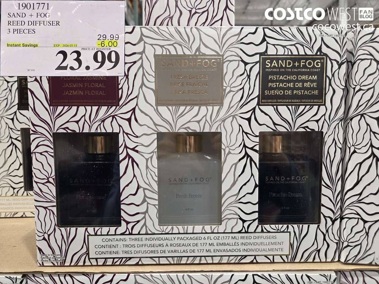 1901771 SAND + FOG REED DIFFUSER 3 PIECES ($6.00 INSTANT SAVINGS EXPIRES ON 2026-03-15) $23.99