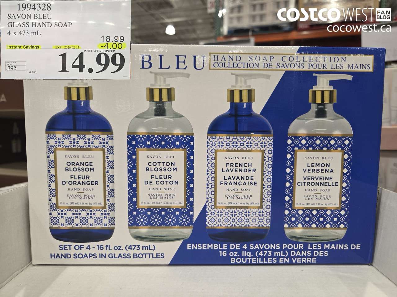 1994328 SAVON BLEU GLASS HAND SOAP 4 x 473 mL ($4.00 INSTANT SAVINGS EXPIRES ON 2026-02-15) $14.99