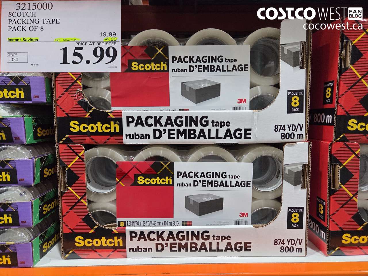 3215000 SCOTCH PACKING TAPE PACK OF 8 ($4.00 INSTANT SAVINGS EXPIRES ON 2026-02-15) $15.99