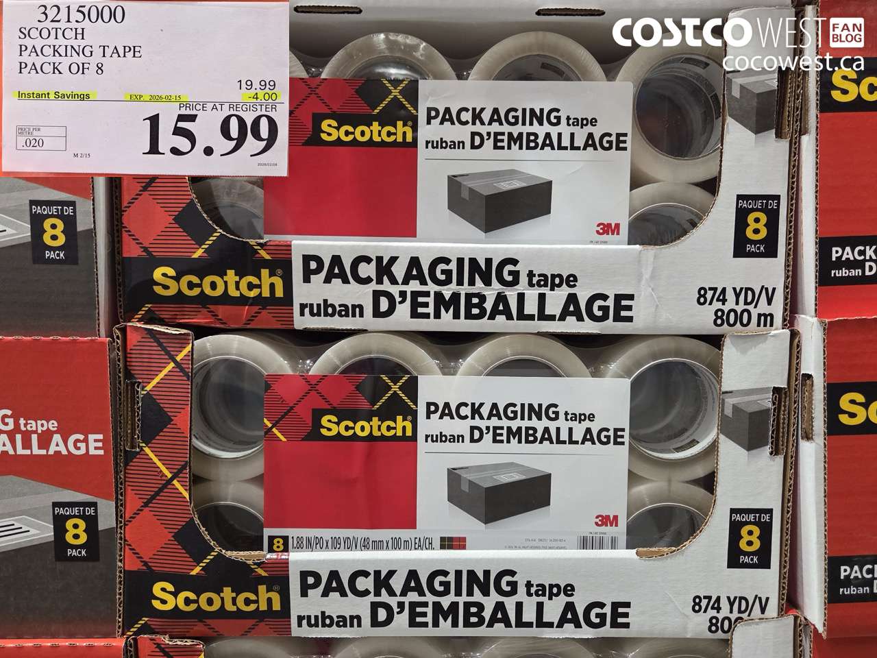 3215000 SCOTCH PACKING TAPE PACK OF 8 ($4.00 INSTANT SAVINGS EXPIRES ON 2026-02-15) $15.99