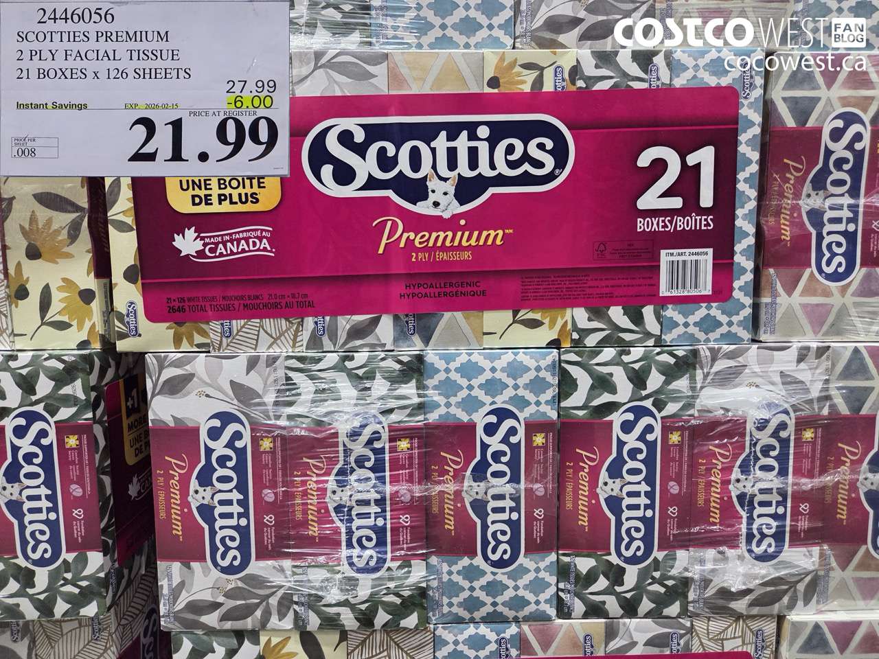 2446056 SCOTTIES PREMIUM 2 PLY FACIAL TISSUE 21 BOXES X 126 SHEETS ($6.00 INSTANT SAVINGS EXPIRES ON 2026-02-15) $21.99