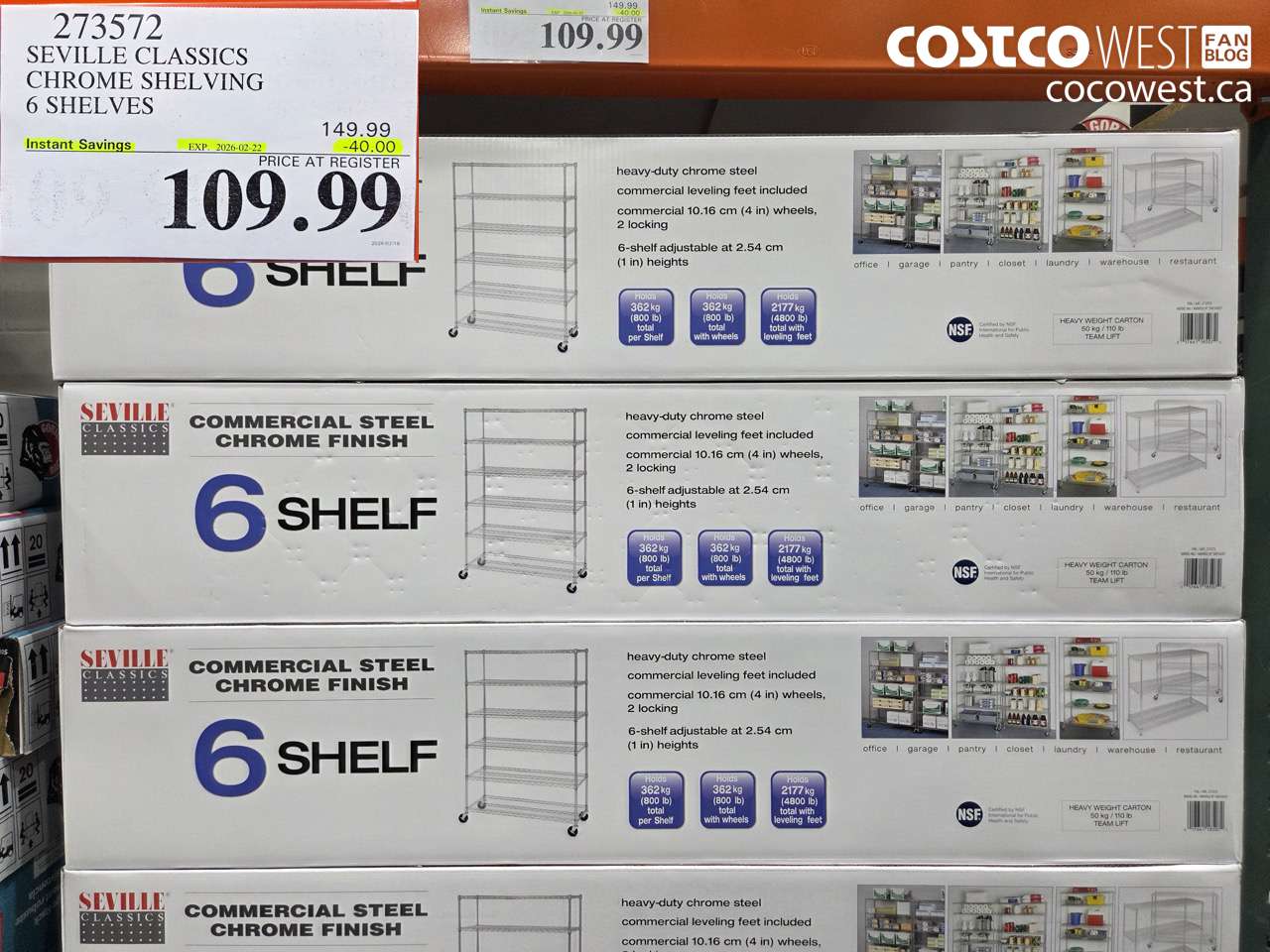 2733572 SEVILLE CLASSICS CHROME SHELVING 6 SHELVES ($40.00 INSTANT SAVINGS EXPIRES ON 2026-02-22) $109.99