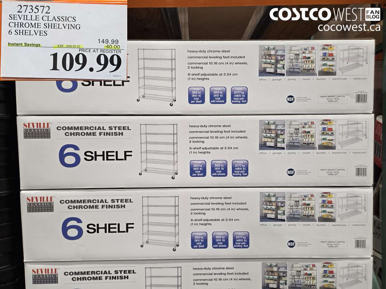 273572 SEVILLE CLASSICS CHROME SHELVING 6 SHELVES ($40.00 INSTANT SAVINGS EXPIRES ON 2026-02-22) $109.99