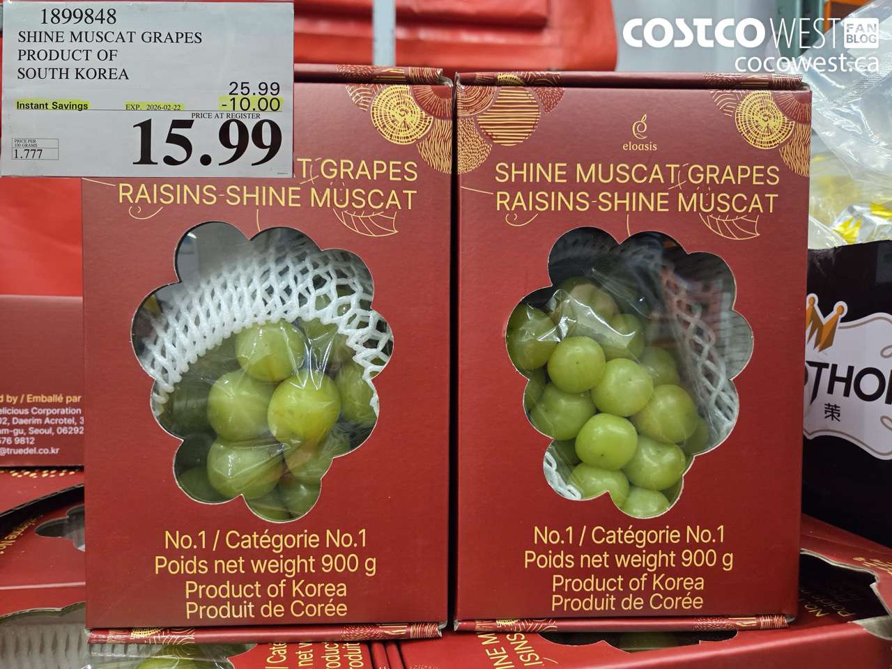 1899848 SHINE MUSCAT GRAPES PRODUCT OF SOUTH KOREA ($10.00 INSTANT SAVINGS EXPIRES ON 2026-02-22) $15.99