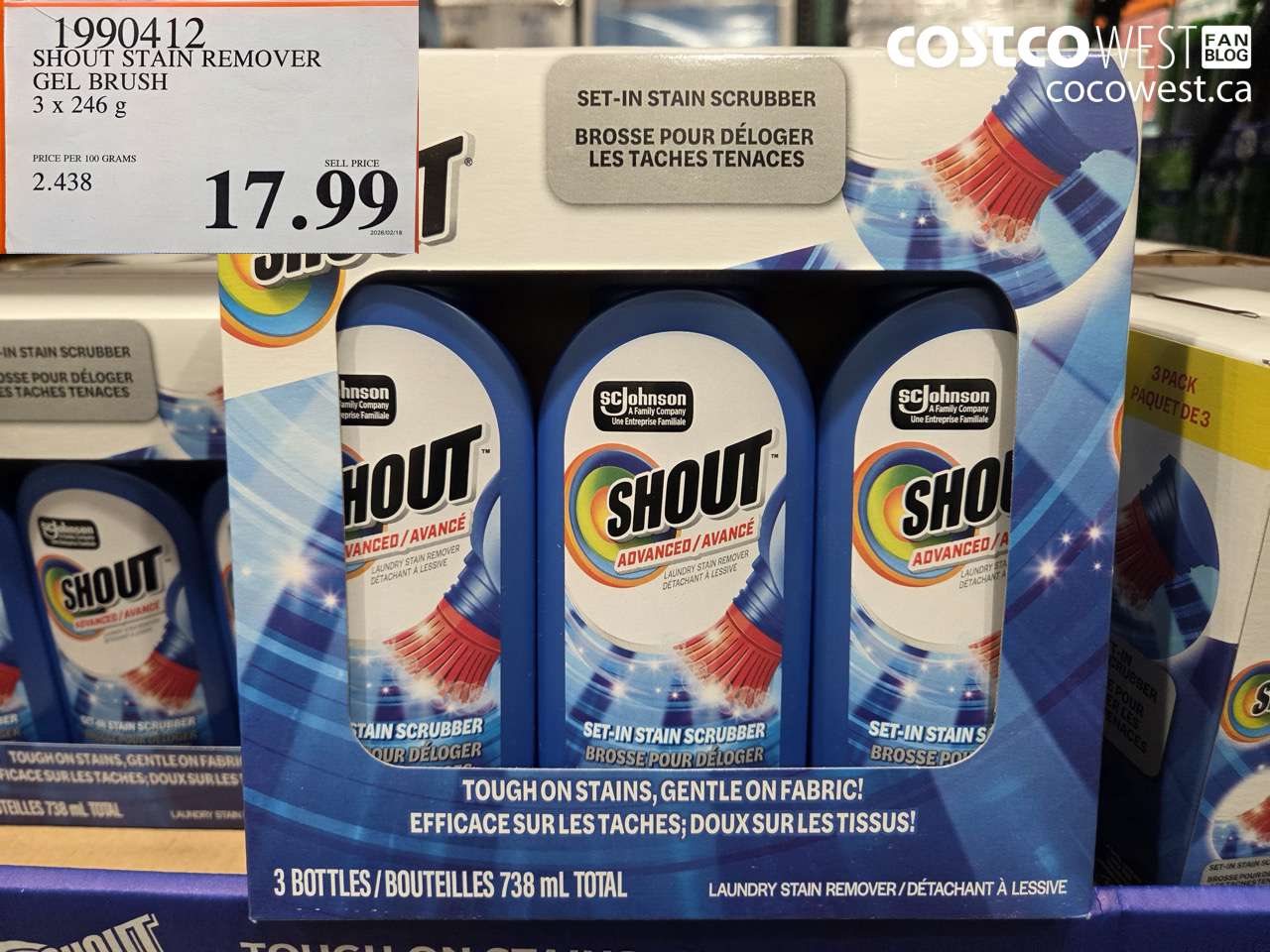 19904112 SHOUT STAIN REMOVER GEL BRUSH 3 X 246 G $17.99