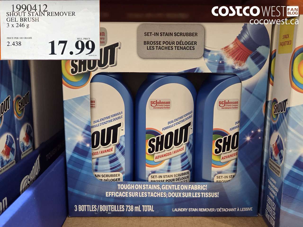1990412 SHOUT STAIN REMOVER GEL BRUSH 3 x 246 g $17.99