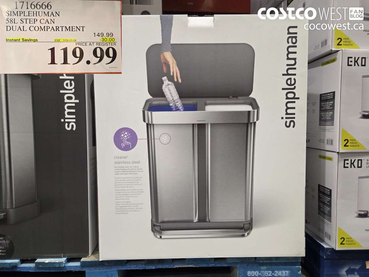 1716666 SIMPLEHUMAN 58L STEP CAN DUAL COMPARTMENT ($30.00 INSTANT SAVINGS EXPIRES ON 2026-03-08) $119.99