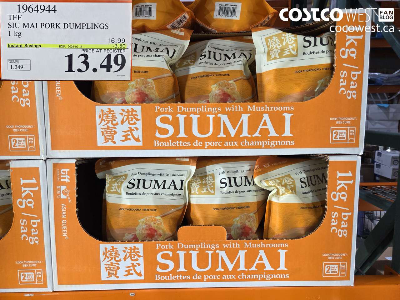 1964944 SIU MAI PORK DUMPLINGS 1KG ($3.50 INSTANT SAVINGS EXPIRES ON 2026-02-15) $13.49