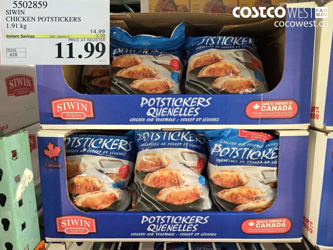 5502859 SIWIN CHICKEN POTSTICKERS 1.91 kg ($3.00 INSTANT SAVINGS EXPIRES ON 2026-02-15) $11.99