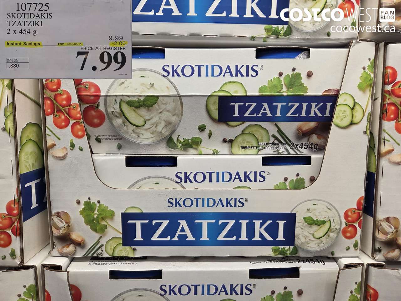 107725 SKOTIDAKIS TZATZIKI 2 X 454 G ($2.00 INSTANT SAVINGS EXPIRES ON 2026-03-15) $7.99
